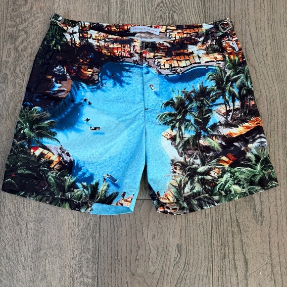 Orlebar Brown “Pooling Around” Graphic Print Sz 33 Designer Swim Trunks